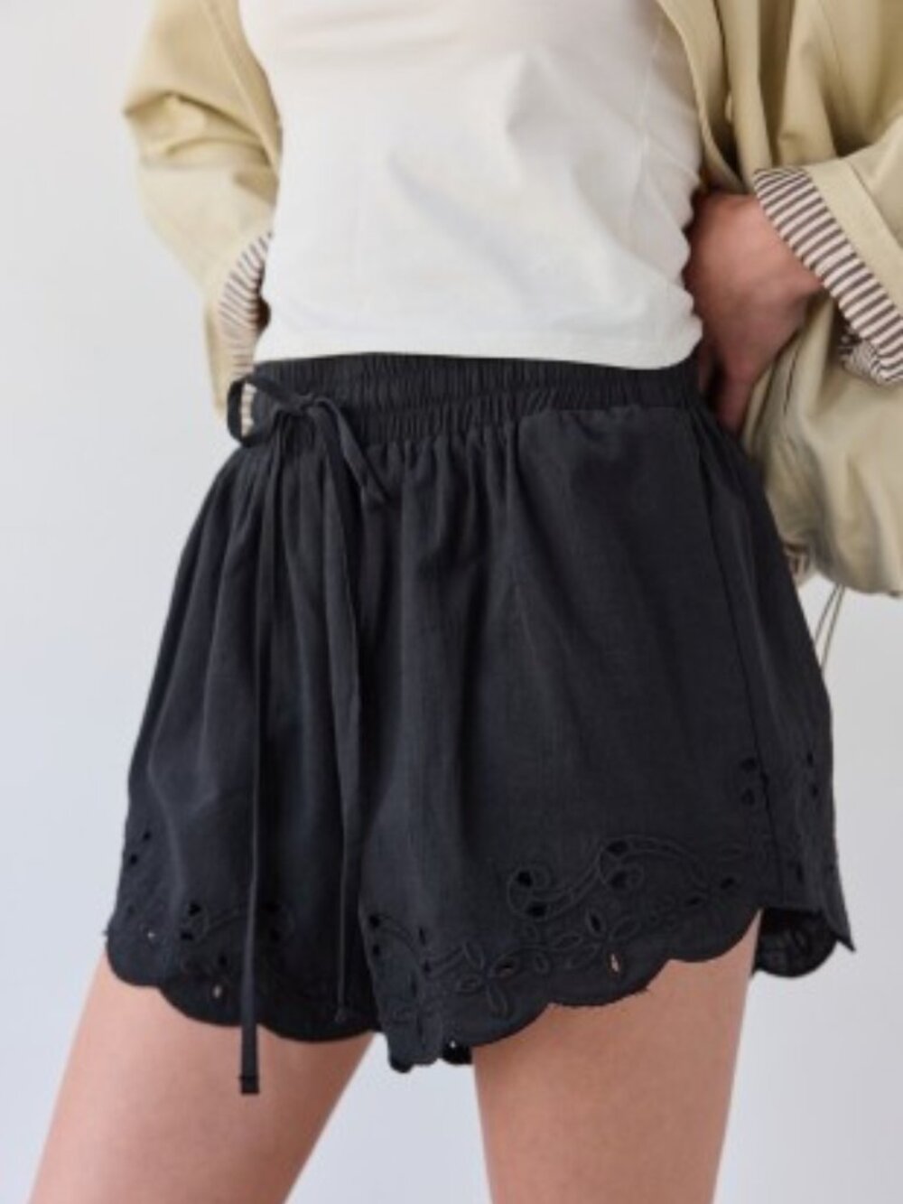 NWT Dainty Black Eyelet Scalloped Hem drawstring shorts